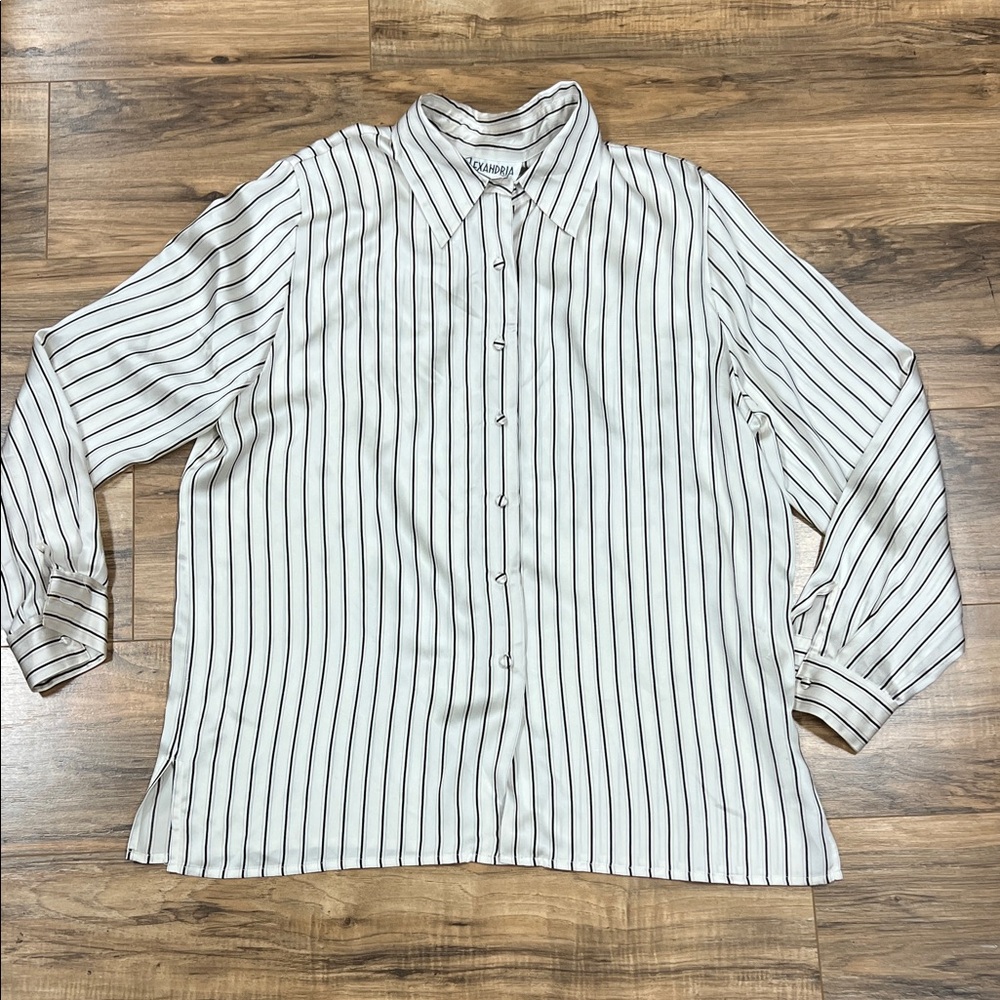 ALEXANDRIA | VINTAGE silk shimmery pearl/tan/blk striped blouse/button up shirt